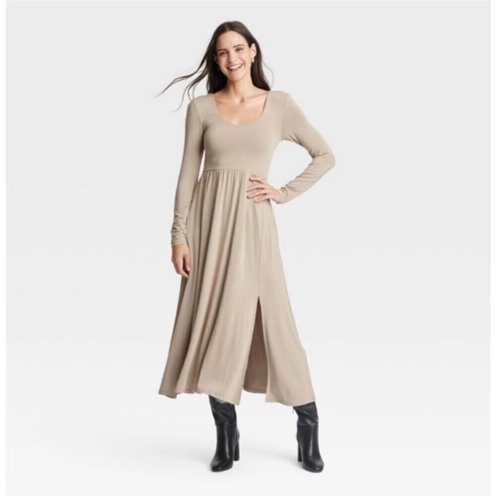 A.New Day Long Sleeve Knit Ballet Maxi Dress with side slit size L NWT